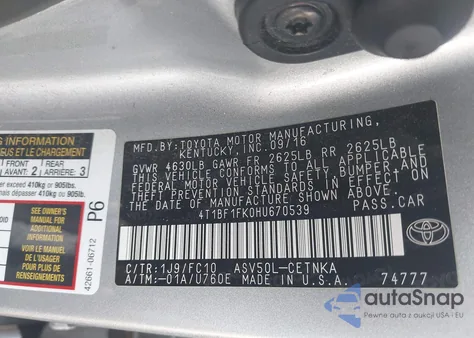 2017 Toyota Camry Le from USA, damaged, VIN 4T1BF1FK0HU670539